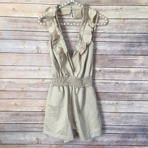 UO Silence + Noise Beige Pleated Ruffle Romper
